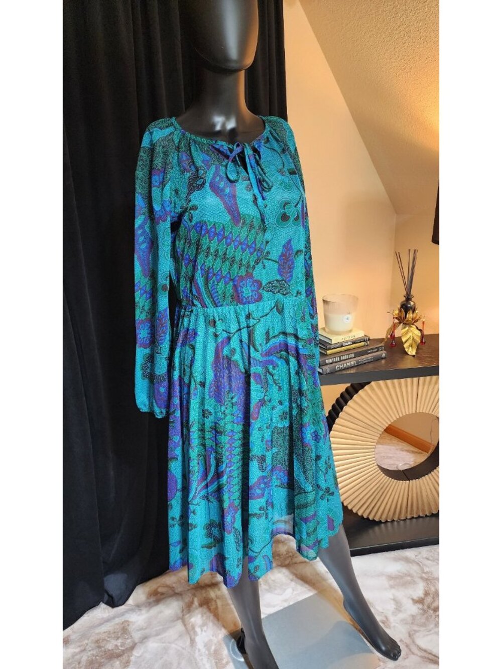 1980s KEVIN STUART PETITES psychedelic midi dress blue green abstract vintage - Picture 5 of 11